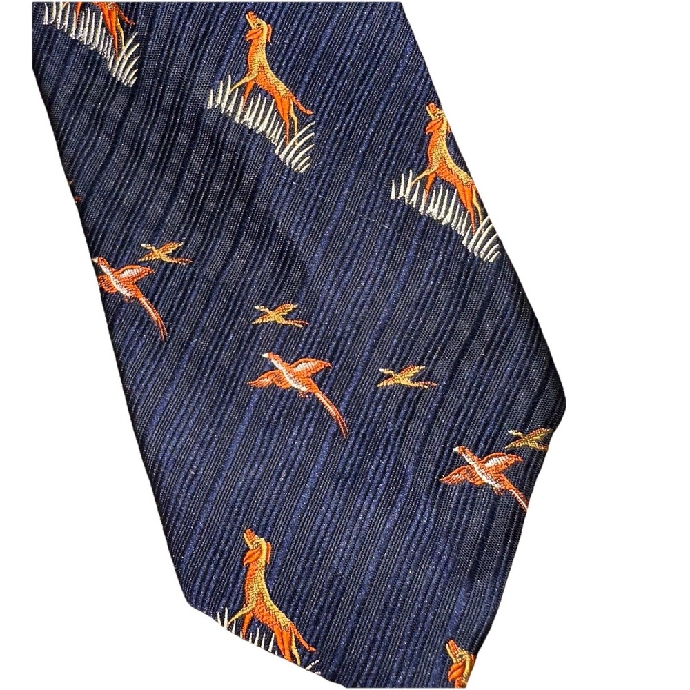 Vintage 70's Bird Hunting Dogs Print Resilio Neck Tie Navy Embroidered Kucharos